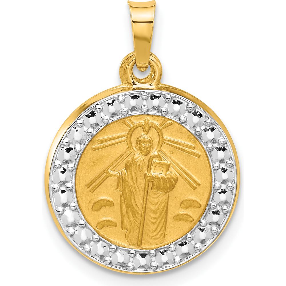 14K Yellow Gold St. Jude Thaddeus Medal Round Charm with White Rhodium Accents by Oro Pregiato