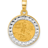 14K Yellow Gold St. Michael Round Pendant with Rhodium Accents - Satin Finish by Oro Pregiato