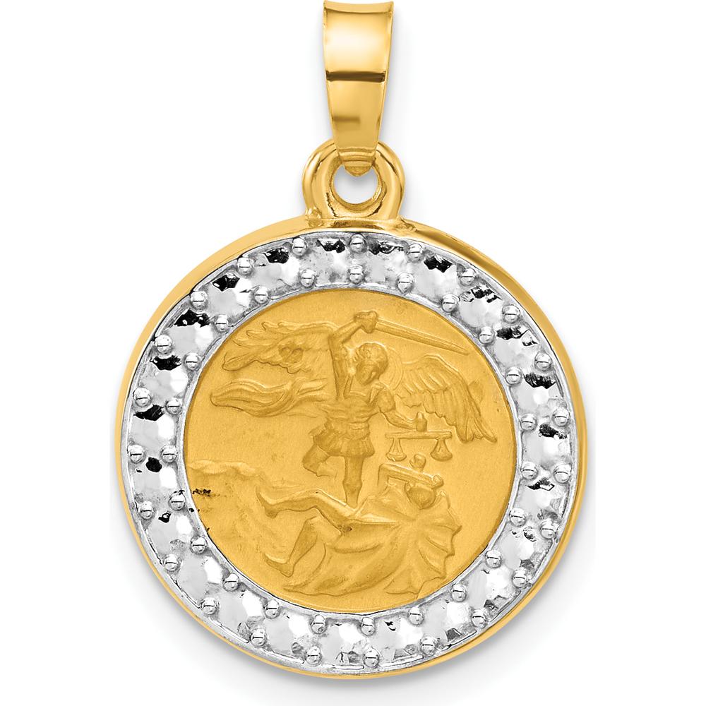 14K Yellow Gold St. Michael Round Pendant with Rhodium Accents - Satin Finish by Oro Pregiato