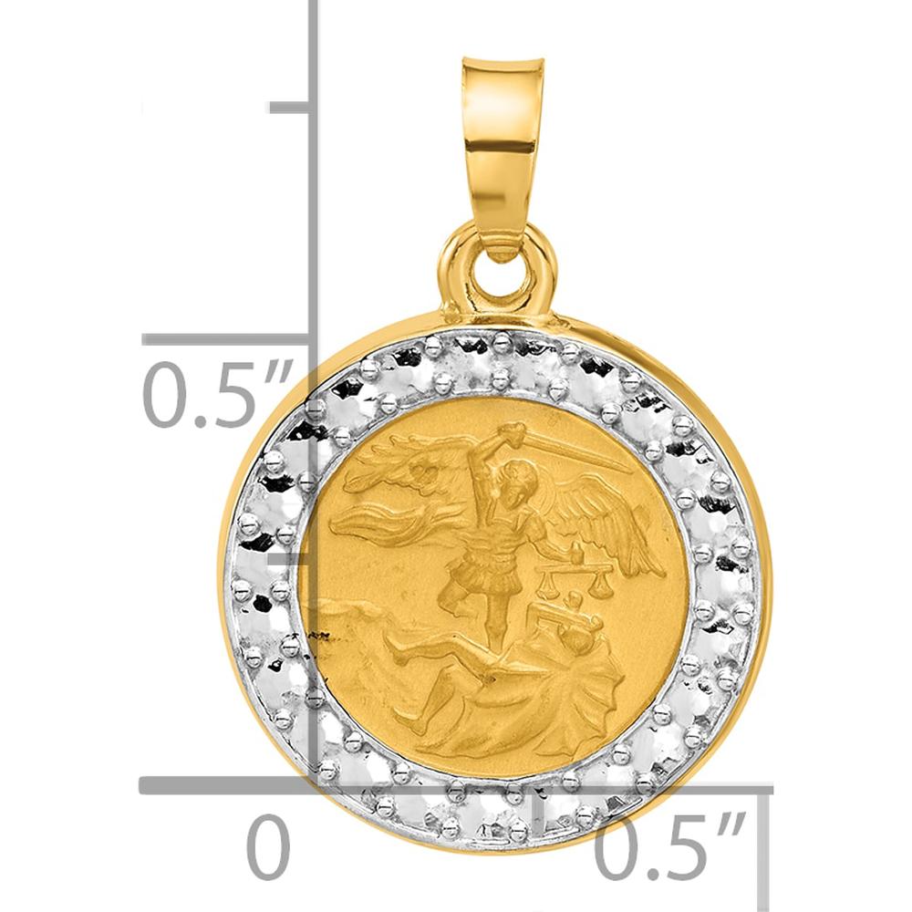 14K Yellow Gold St. Michael Round Pendant with Rhodium Accents - Satin Finish by Oro Pregiato