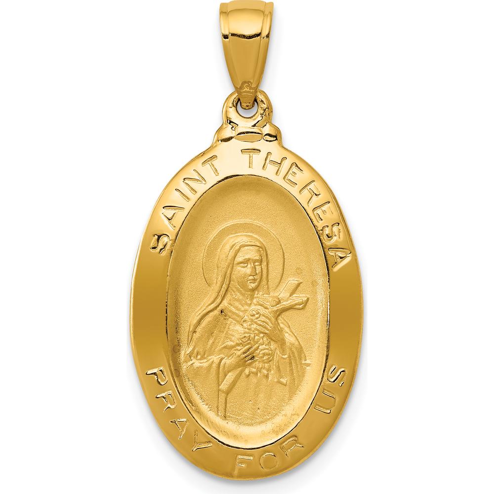 14K Yellow Gold St. Theresa Medal Oval Pendant with Polished and Satin Finish - 29mm Length by Oro Pregiato