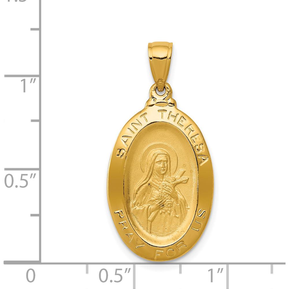 14K Yellow Gold St. Theresa Medal Oval Pendant with Polished and Satin Finish - 29mm Length by Oro Pregiato