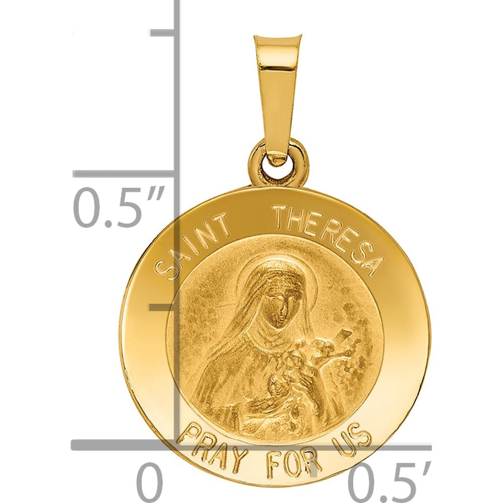 14K Yellow Gold St Theresa Medal Round Pendant - Polished and Satin Finish, Hollow Design by Oro Pregiato