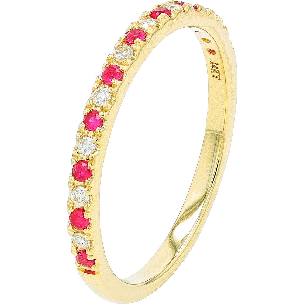 14K Yellow Gold Stackable Band with Alternating Round Rubies and Diamonds - 0.13 Carat Total Ruby Weight and 0.10 Carat Total Diamond Weight