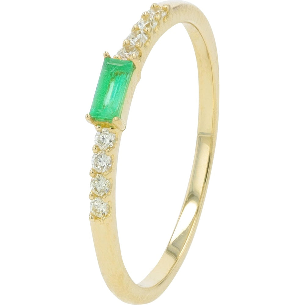 14K Yellow Gold Stackable Band with Baguette-Cut Emerald and Round Diamond Accents - 0.12 Carat Emerald Weight and 0.10 Carat Total Diamond Weight