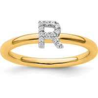 14K Yellow Gold Stackable Band with Prong Set Round Diamond Initial "R" Ring by 0
