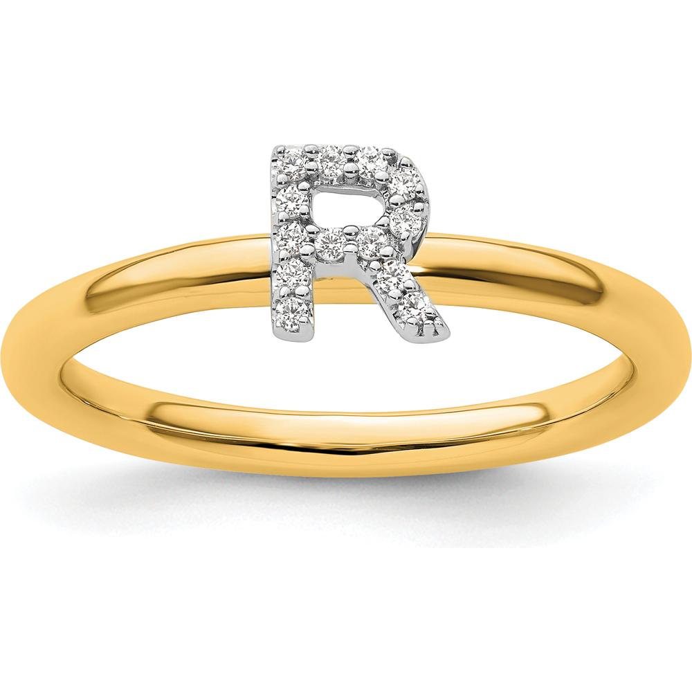 14K Yellow Gold Stackable Band with Prong Set Round Diamond Initial "R" Ring by 0