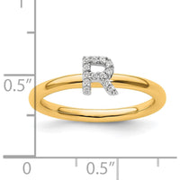 14K Yellow Gold Stackable Band with Prong Set Round Diamond Initial "R" Ring by 0