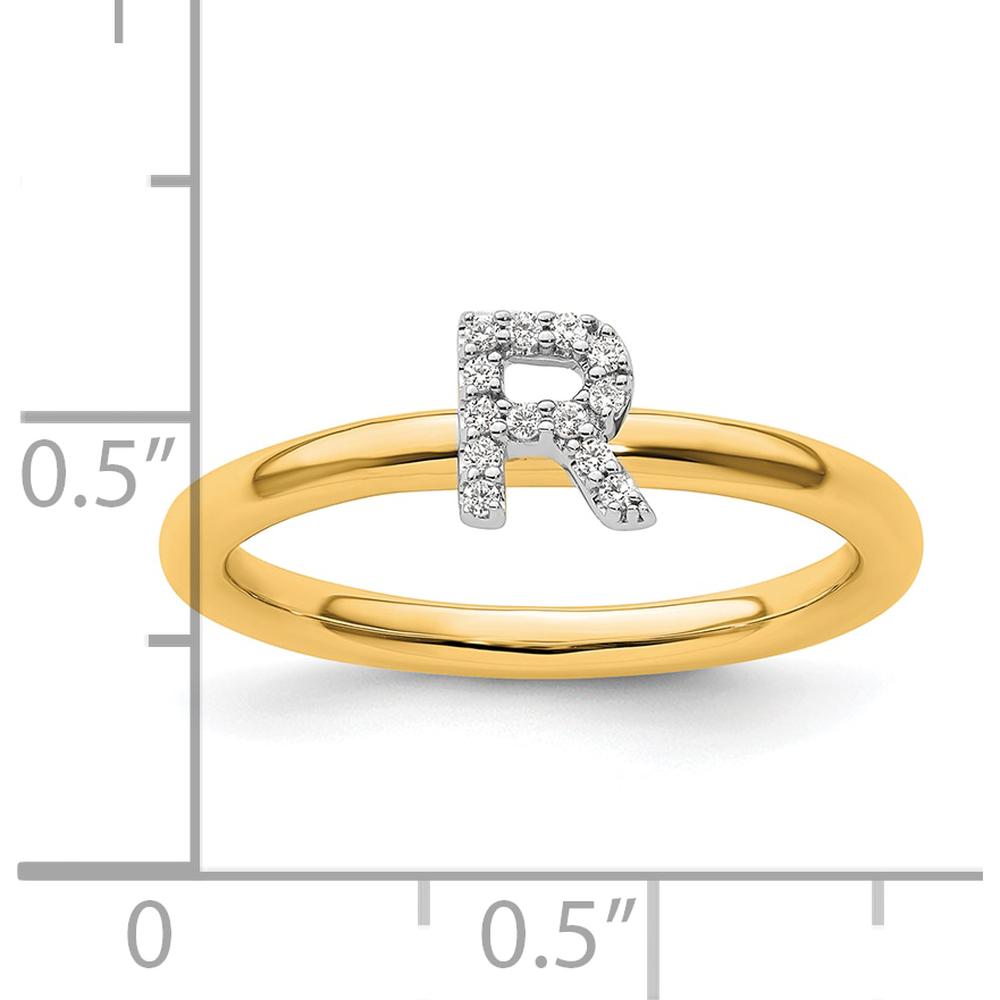 14K Yellow Gold Stackable Band with Prong Set Round Diamond Initial "R" Ring by 0