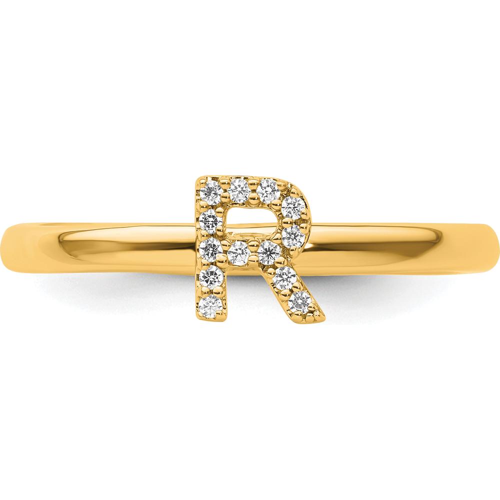 14K Yellow Gold Stackable Band with Prong Set Round Diamond Initial "R" Ring by 0