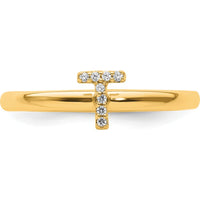 14K Yellow Gold Stackable Ring with Diamond Initial T Accents by 0