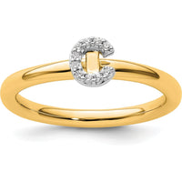 14K Yellow Gold Stackable Ring with Pavé Set Round Diamond Initial C by 0