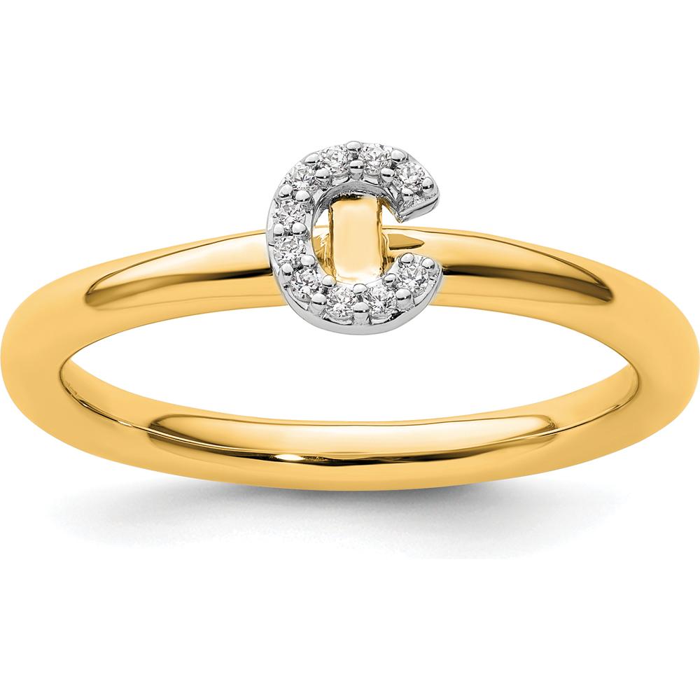 14K Yellow Gold Stackable Ring with Pavé Set Round Diamond Initial C by 0