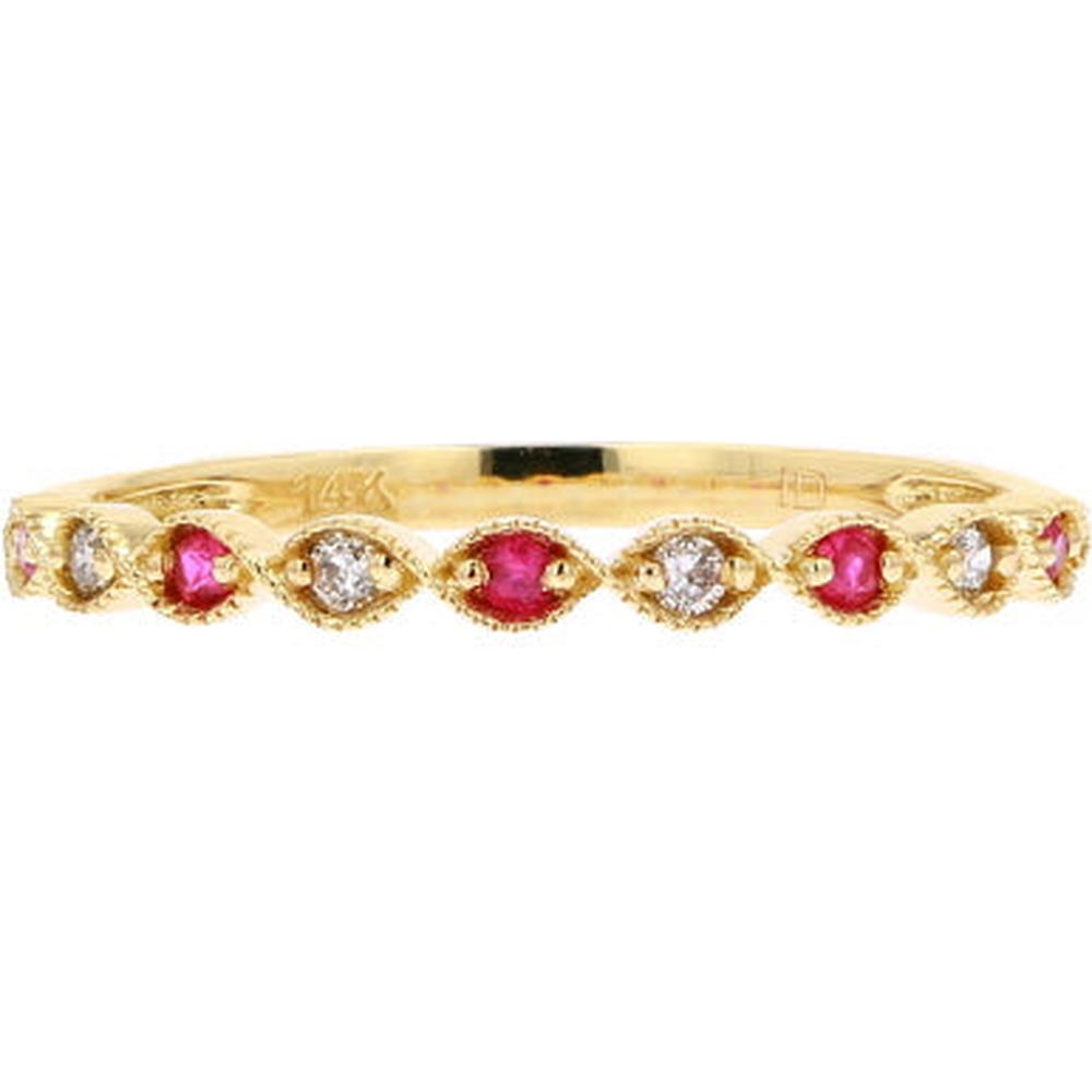 14K Yellow Gold Stacking Band with Alternating Round Rubies and Diamonds - 0.08 Carats Total Ruby Weight, 0.06 Carats Total Diamond Weight