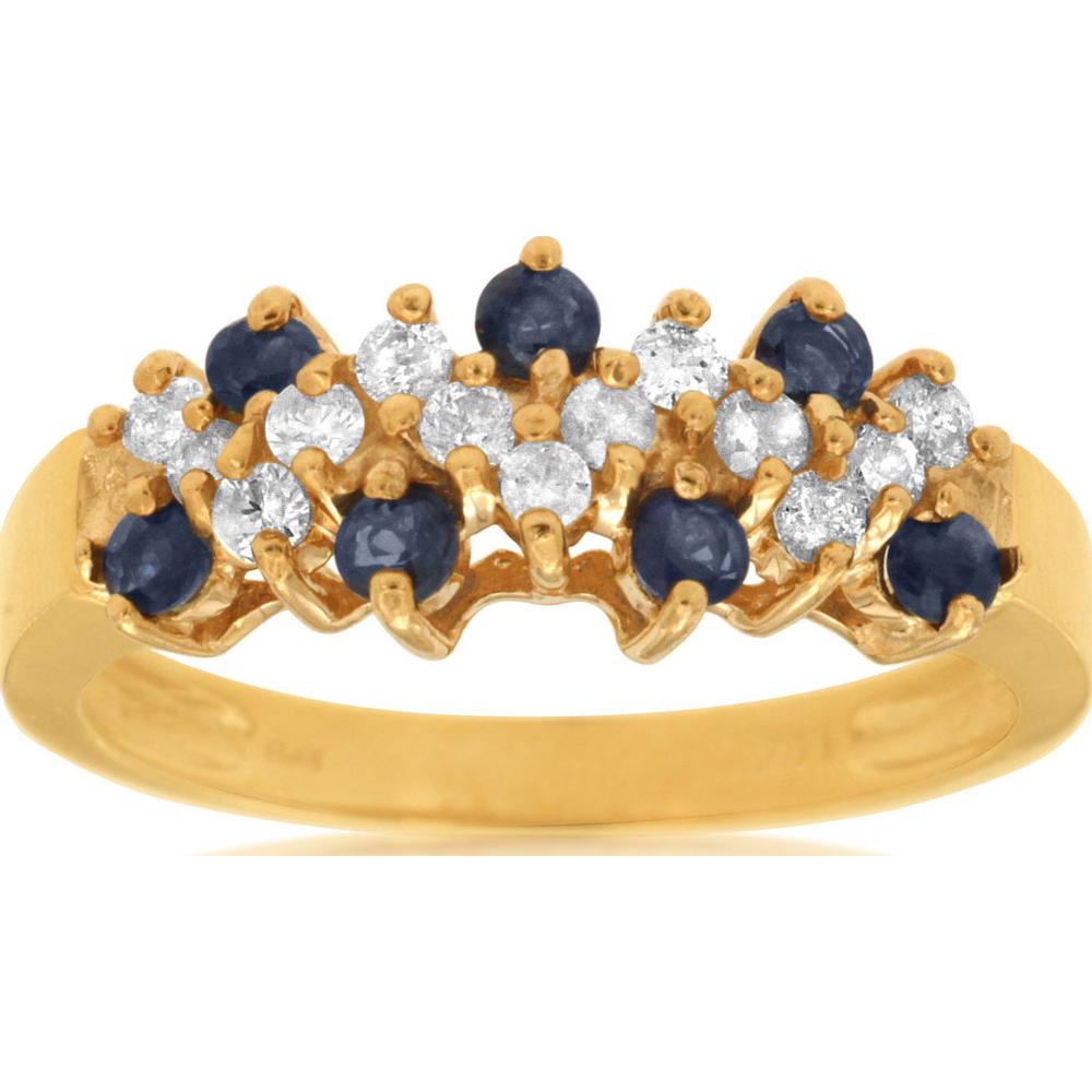 14K Yellow Gold Staggered Cluster Ring with Round Sapphires and Round Diamonds - 0.33 Carat Total Diamond Weight - Royal Jewelry