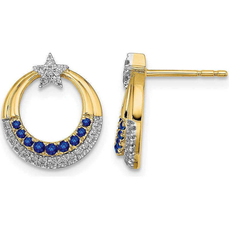 14K Yellow Gold Star and Circle Earrings with Round Sapphires and Diamonds - 0.028 Carat Total Gem Weight by Monteluci Fine Jewelry