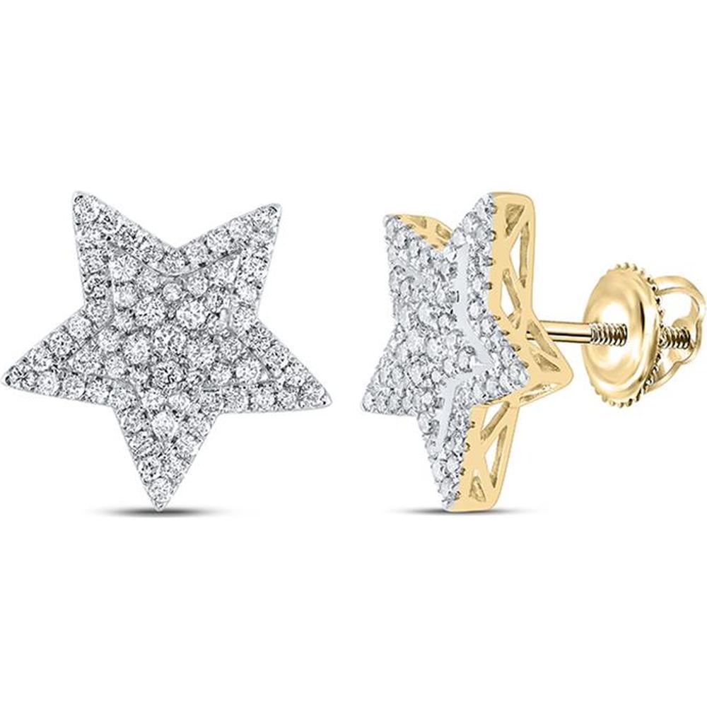 14K Yellow Gold Star Earrings with Round Diamonds - 1 Carat Total Diamond Weight