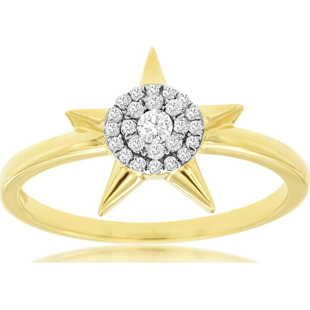 14K Yellow Gold Star Motif Ring with Round Brilliant Diamond Center and Halo Diamond Accents - 0.15 Carat Total Diamond Weight - Royal Jewelry