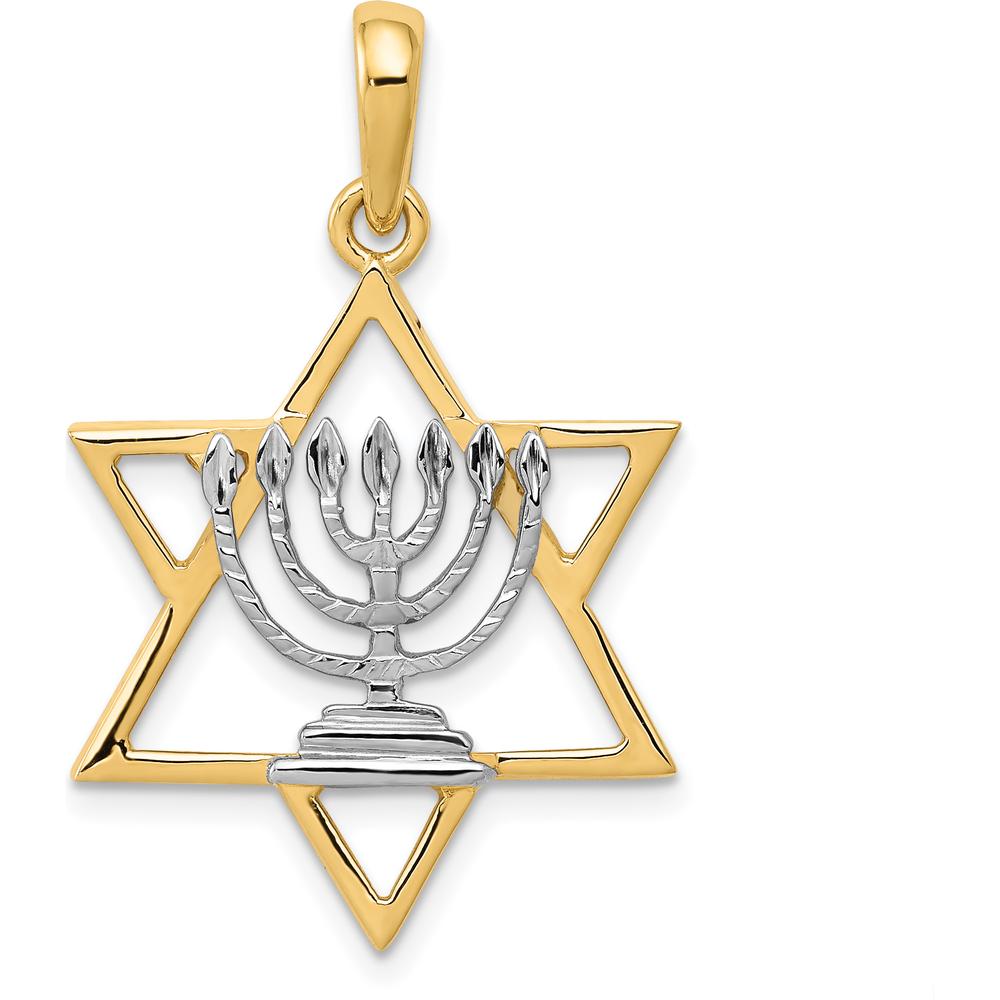 14K Yellow Gold Star of David Menorah Charm with White Rhodium Accents - 31mm Length by Oro Pregiato
