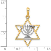 14K Yellow Gold Star of David Menorah Charm with White Rhodium Accents - 31mm Length by Oro Pregiato