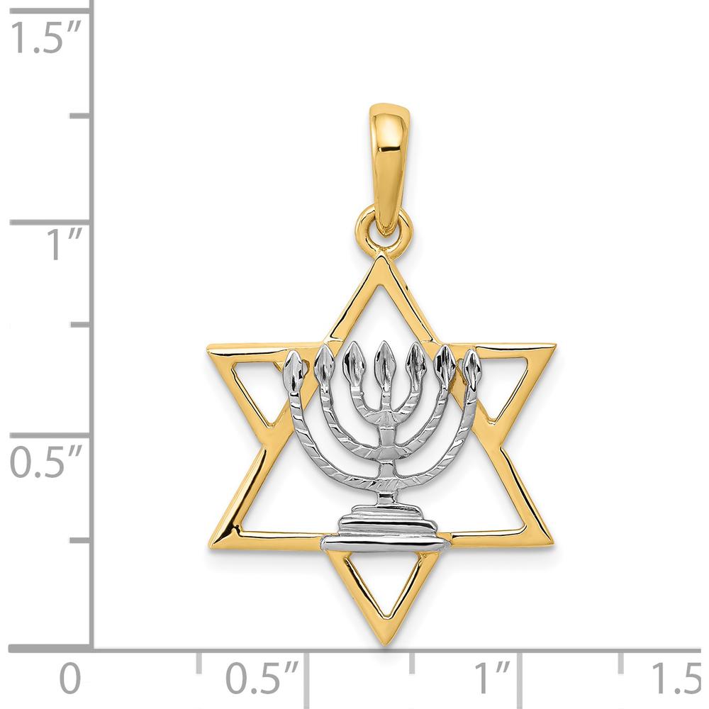 14K Yellow Gold Star of David Menorah Charm with White Rhodium Accents - 31mm Length by Oro Pregiato