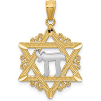 14K Yellow Gold Star of David Pendant with White Rhodium Chai Symbol by Oro Pregiato