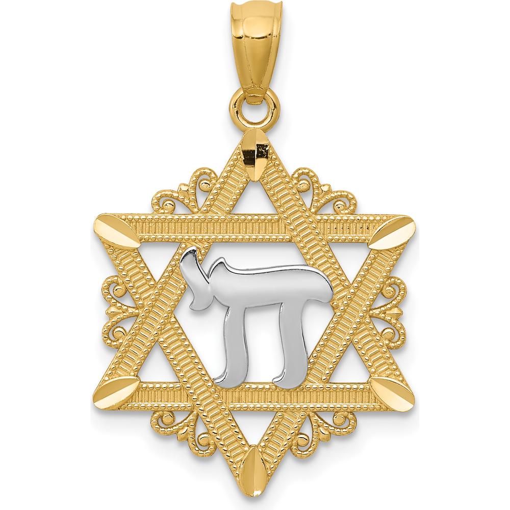 14K Yellow Gold Star of David Pendant with White Rhodium Chai Symbol by Oro Pregiato