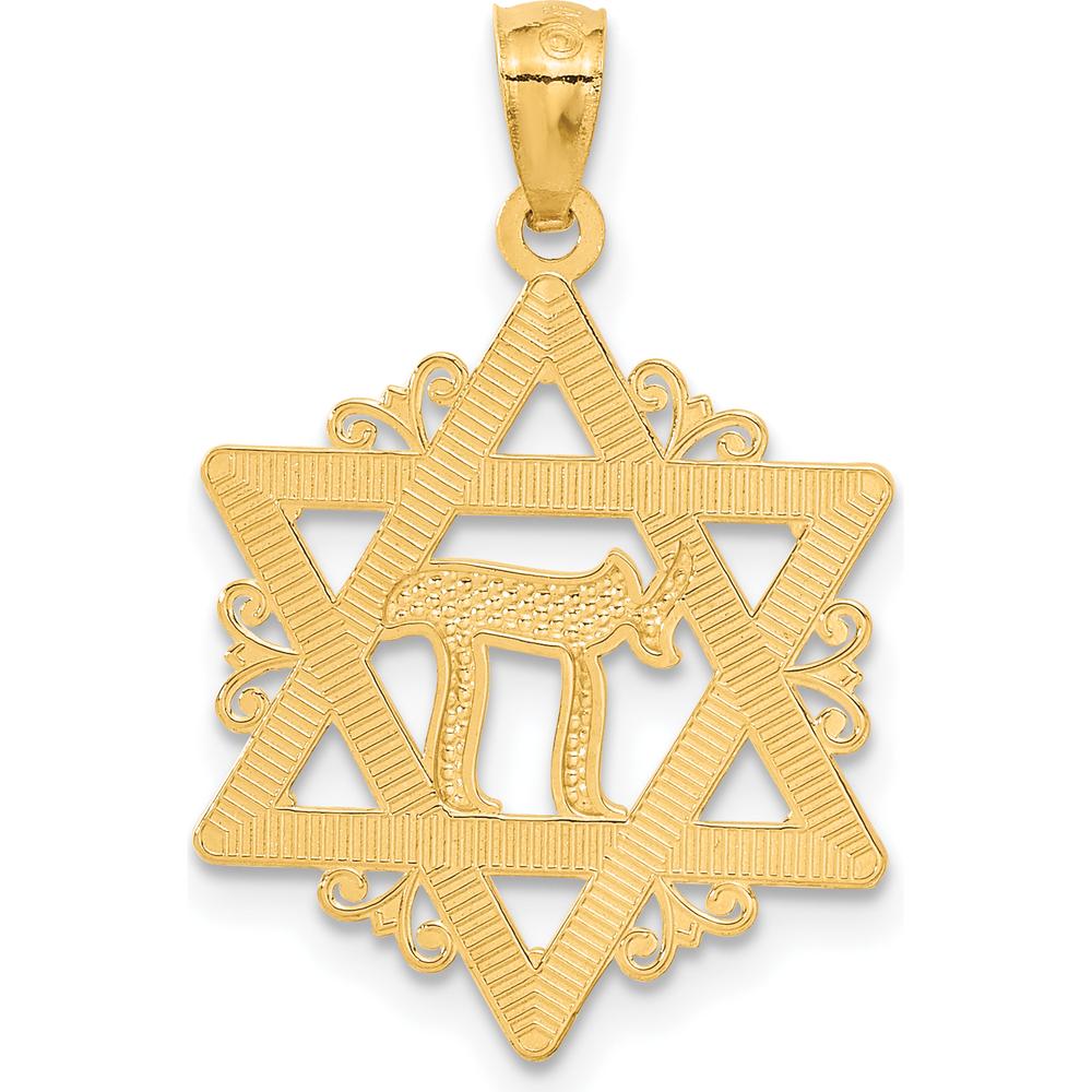 14K Yellow Gold Star of David Pendant with White Rhodium Chai Symbol by Oro Pregiato