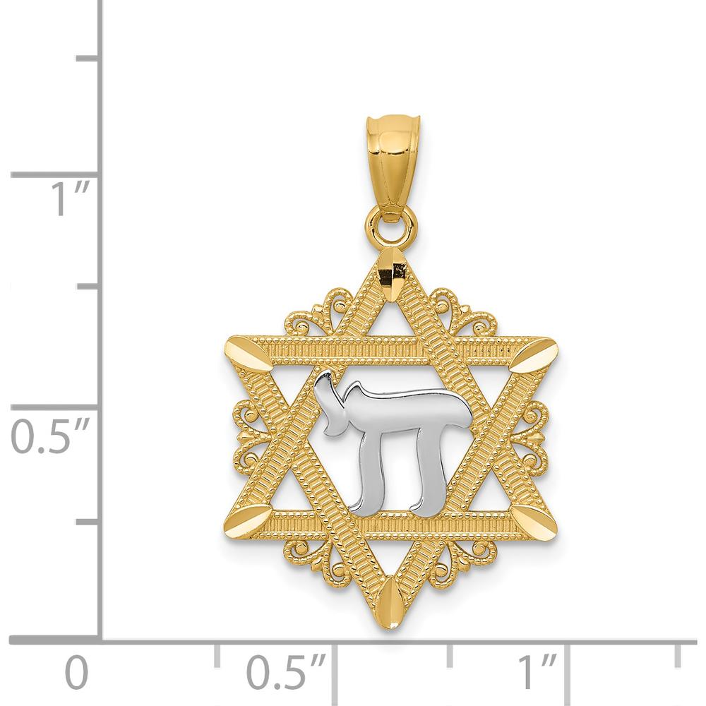 14K Yellow Gold Star of David Pendant with White Rhodium Chai Symbol by Oro Pregiato