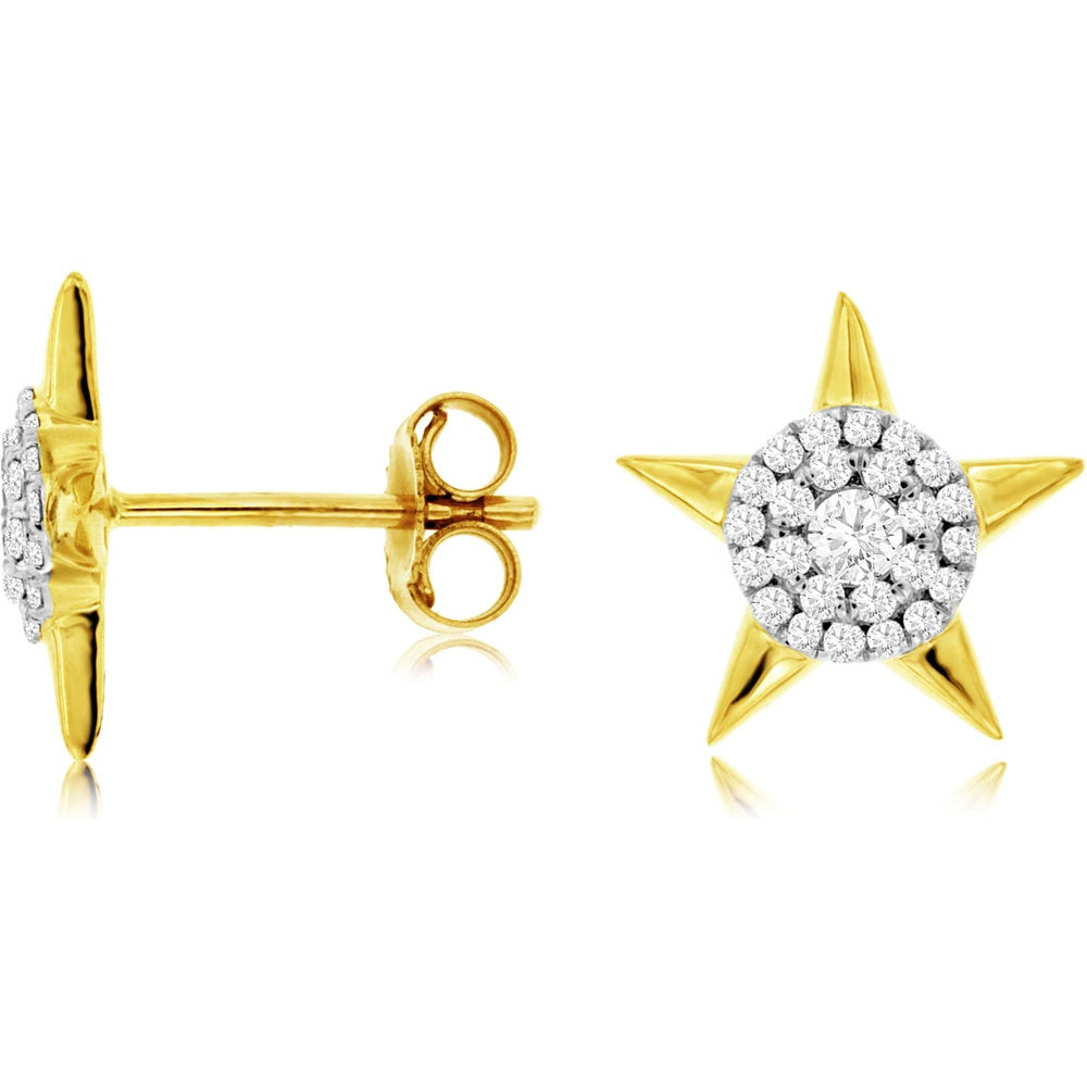 14K Yellow Gold Star Shaped Stud Earrings with Halo Set Round Diamonds - 0.30 Carat Total Diamond Weight - Royal Jewelry