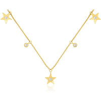 14K Yellow Gold Star Station Necklace with Flush Set Round Diamonds - 0.10 Carat Total Diamond Weight - Royal Jewelry