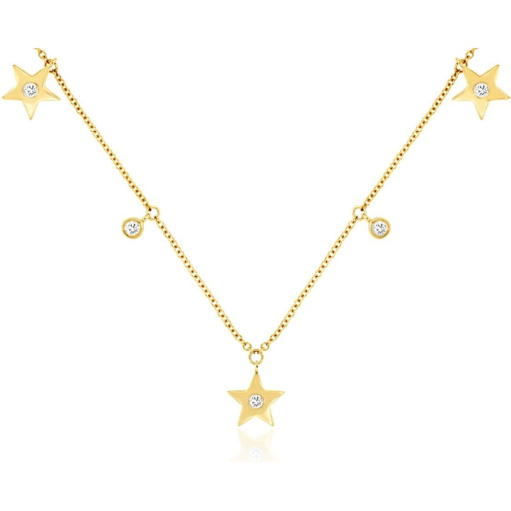 14K Yellow Gold Star Station Necklace with Flush Set Round Diamonds - 0.10 Carat Total Diamond Weight - Royal Jewelry
