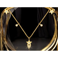 14K Yellow Gold Star Station Necklace with Flush Set Round Diamonds - 0.10 Carat Total Diamond Weight - Royal Jewelry