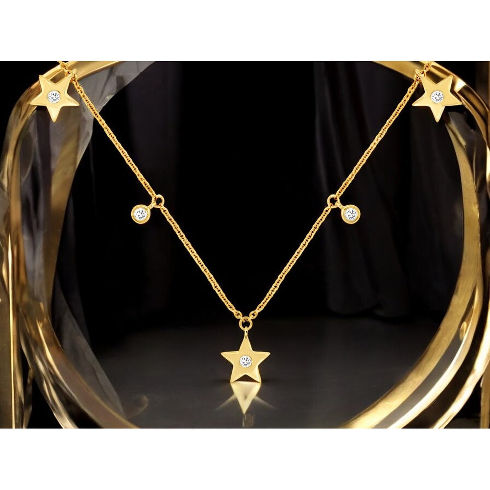 14K Yellow Gold Star Station Necklace with Flush Set Round Diamonds - 0.10 Carat Total Diamond Weight - Royal Jewelry
