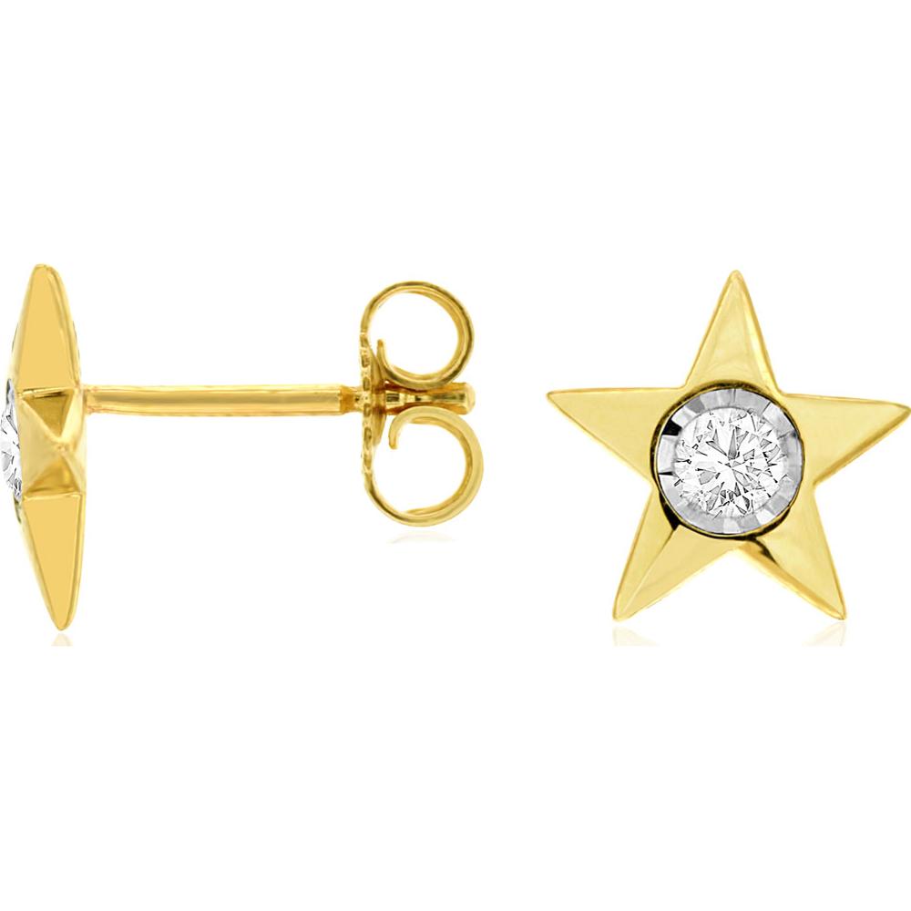 14K Yellow Gold Star Stud Earrings with Bezel Set Round Diamonds - 0.15 Carats Total Diamond Weight