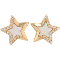 14K Yellow Gold Star Stud Earrings with Mother of Pearl and Diamond Accents - 0.11 Carats Total Diamond Weight