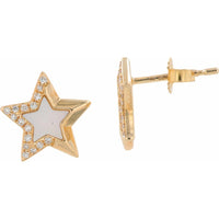 14K Yellow Gold Star Stud Earrings with Mother of Pearl and Diamond Accents - 0.11 Carats Total Diamond Weight