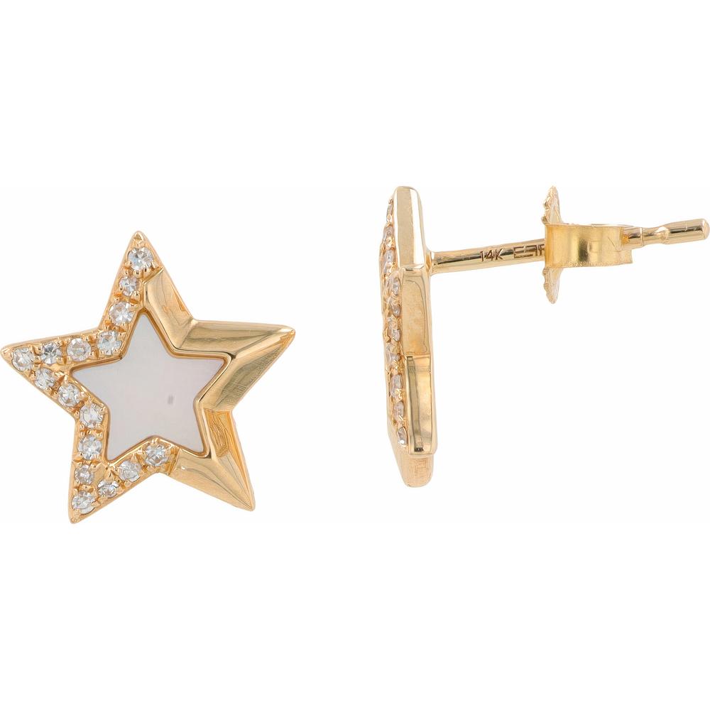 14K Yellow Gold Star Stud Earrings with Mother of Pearl and Diamond Accents - 0.11 Carats Total Diamond Weight