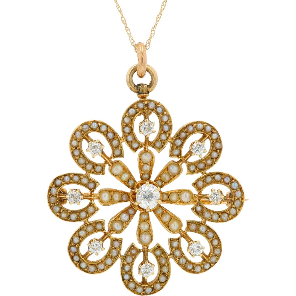 14K Yellow Gold Starburst Flower Pendant with Prong-Set Center Diamond, Seed Pearl Accents, and 0.50 Carat Total Diamond Weight on an 18-Inch Chain