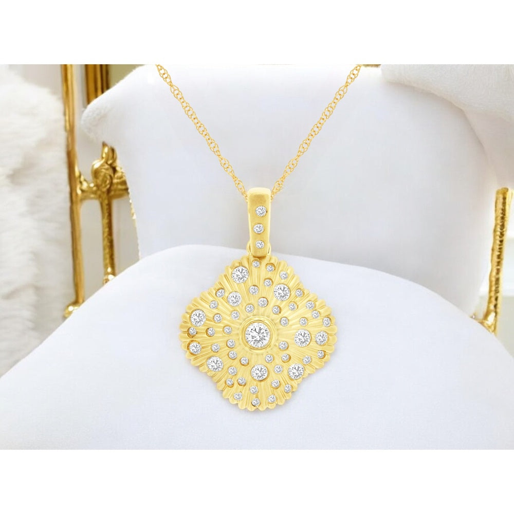 14K Yellow Gold Starburst Fluted Pendant with Bezel and Pavé Set Round Diamonds - 0.72 Carat Total Diamond Weight - Royal Jewelry