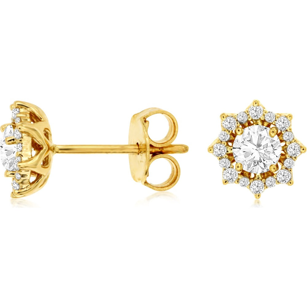 14K Yellow Gold Starburst Halo Diamond Stud Earrings with Round Prong-Set Center Stones - 0.74 Carat Total Diamond Weight - Royal Jewelry