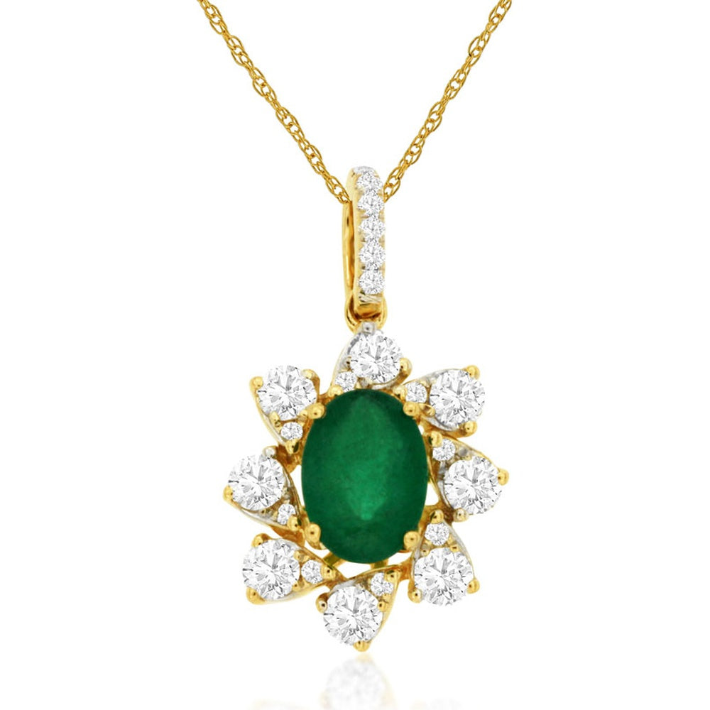 14K Yellow Gold Starburst Halo Pendant Necklace with 0.70 Carat Oval Emerald and 0.47 Carat Round Diamonds - Royal Jewelry