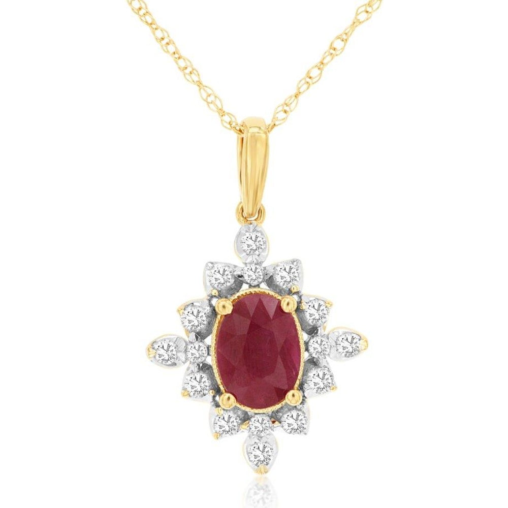 14K Yellow Gold Starburst Halo Pendant with Oval Ruby and Round Diamonds - 0.90 Carat Ruby and 0.25 Carat Total Diamond Weight - Royal Jewelry