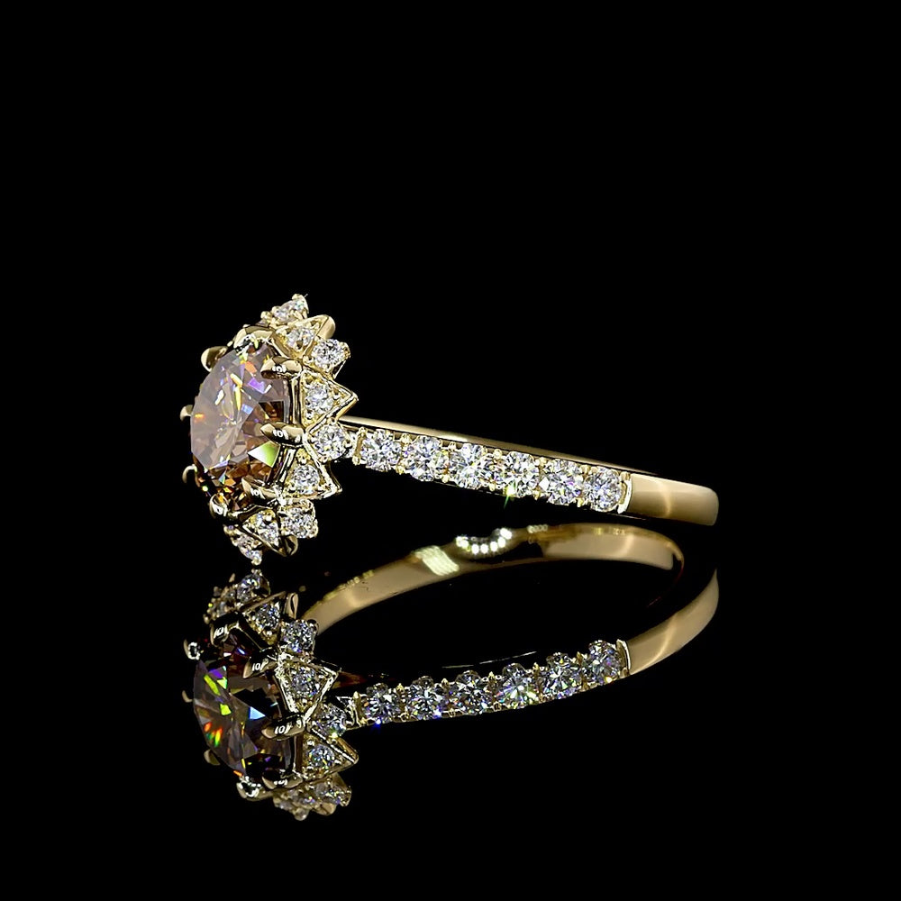 14K Yellow Gold Starburst Halo Ring with 1.52 Carat Round Brilliant Lab-Created Color Diamond and 0.43 Carat Accent Diamonds - 1.95 Carats Total Diamond Weight - Covaloro Fine Jewelry
