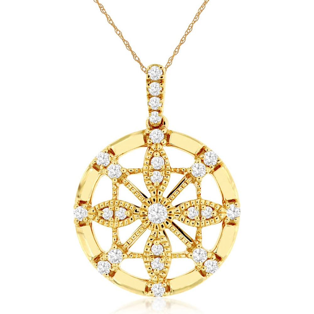 14K Yellow Gold Starburst Pendant Necklace with Bead-Set Round Diamonds - 0.31 Carat Total Diamond Weight - Royal Jewelry