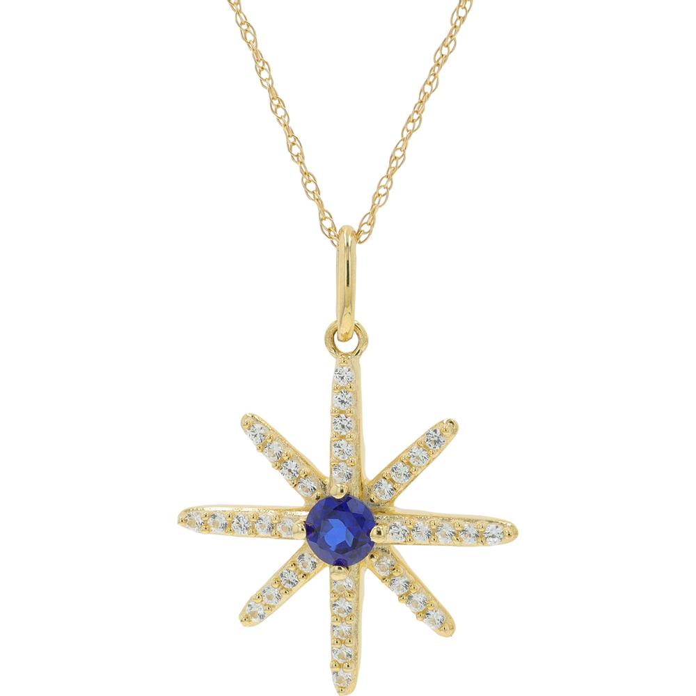 14K Yellow Gold Starburst Pendant Necklace with Created Blue Sapphire Center and White Sapphire Accents - 0.75 Carat Total Gem Weight
