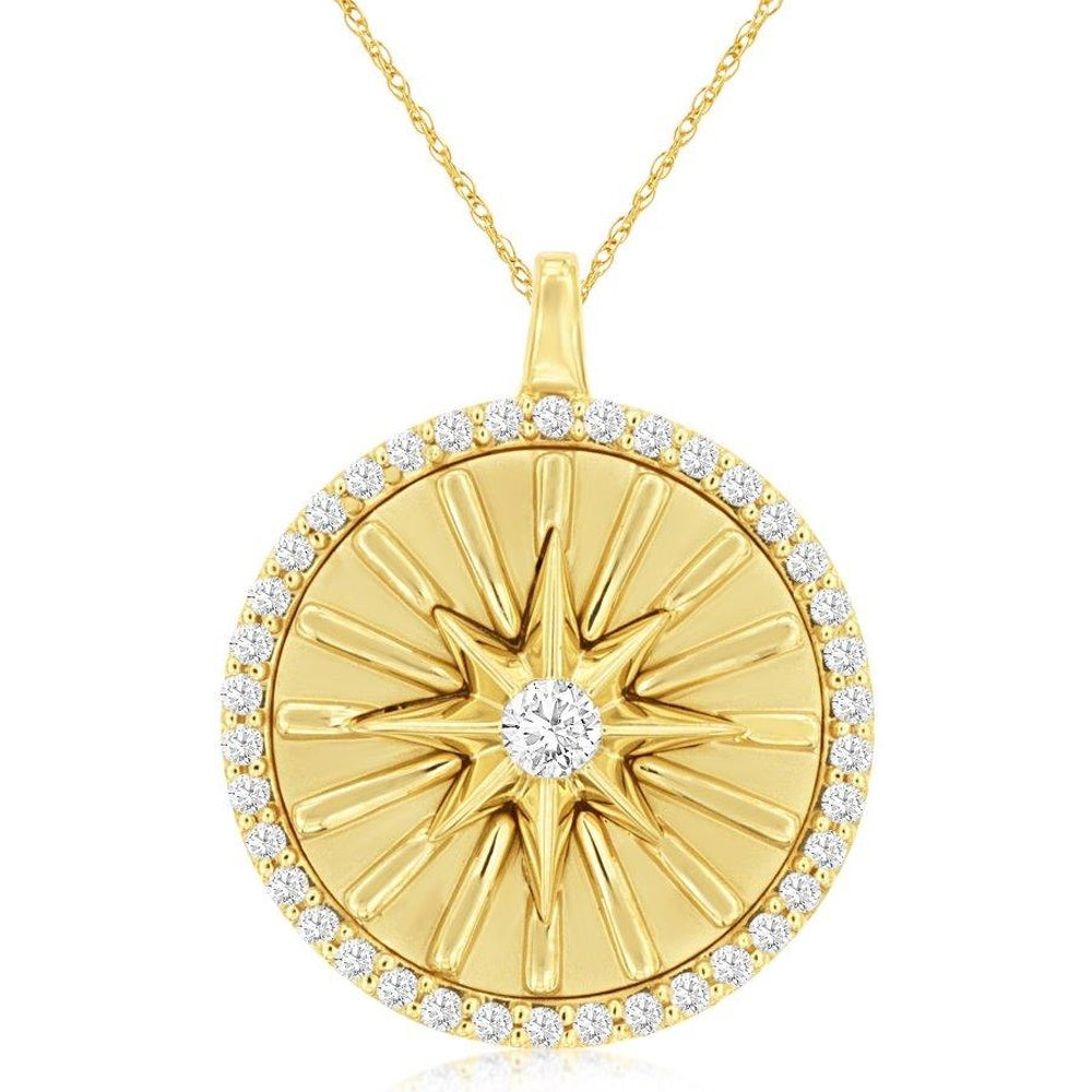 14K Yellow Gold Starburst Pendant with Halo-Set Round Diamonds - 0.26 Carat Center Diamond Weight - Royal Jewelry