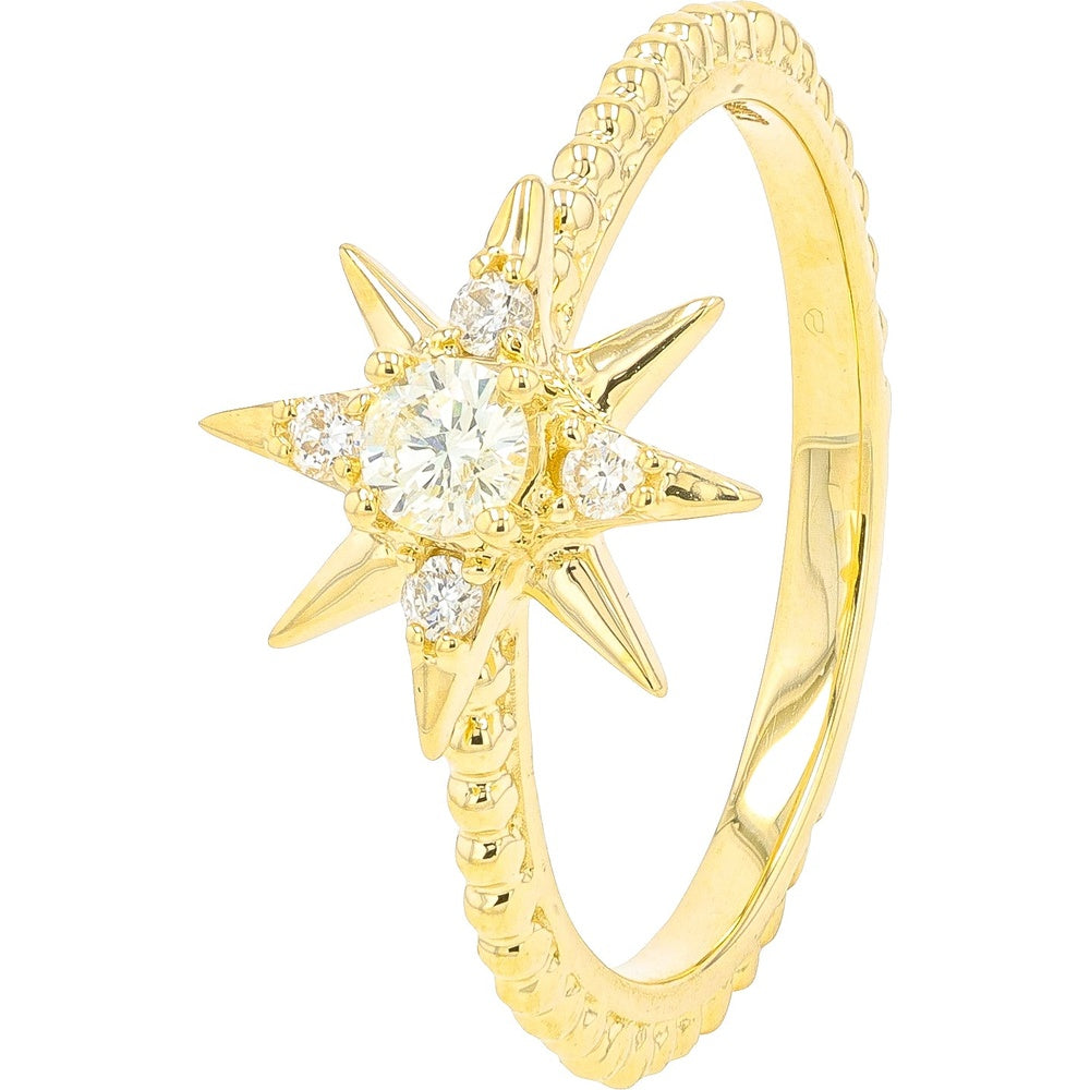 14K Yellow Gold Starburst Ring with Milgrain Band and Round Cut Diamonds - 0.25 Carat Total Diamond Weight