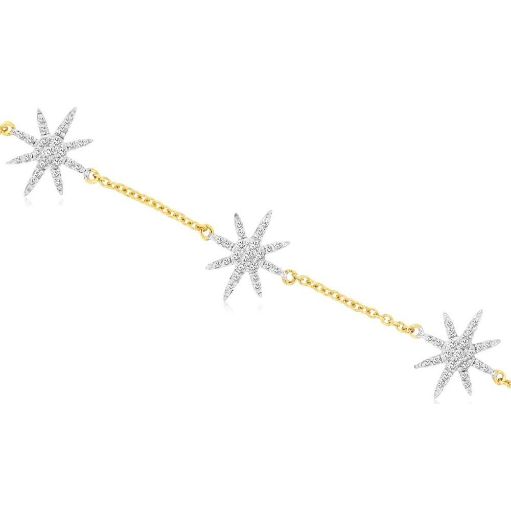 14K Yellow Gold Starburst Station Bracelet with Prong Set Round Diamonds - 0.28 Carat Total Diamond Weight - Royal Jewelry