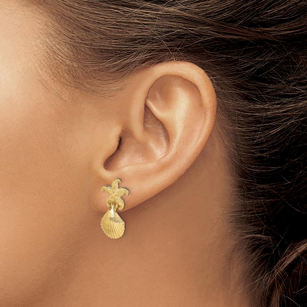 14K Yellow Gold Starfish and Scallop Shell Drop Earrings by 0